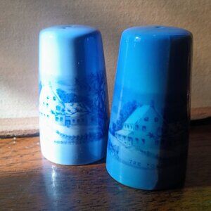Vintage Blue Porcelain Homestead Scene Salt and Pepper Shakers